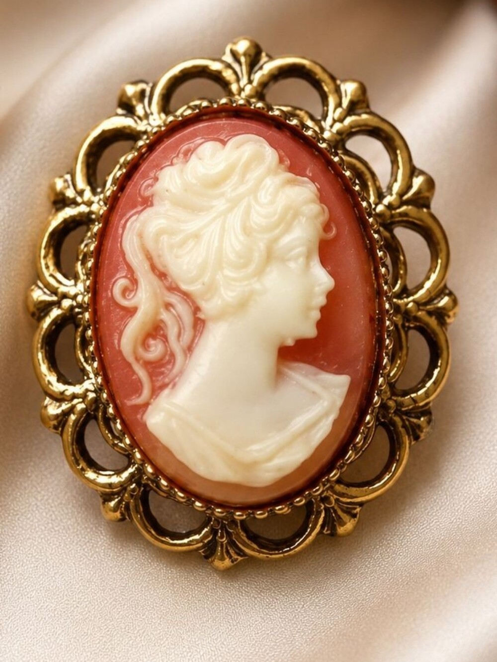 Vintage-Style Cameo Brooch Pin with Gold Tone Filigree